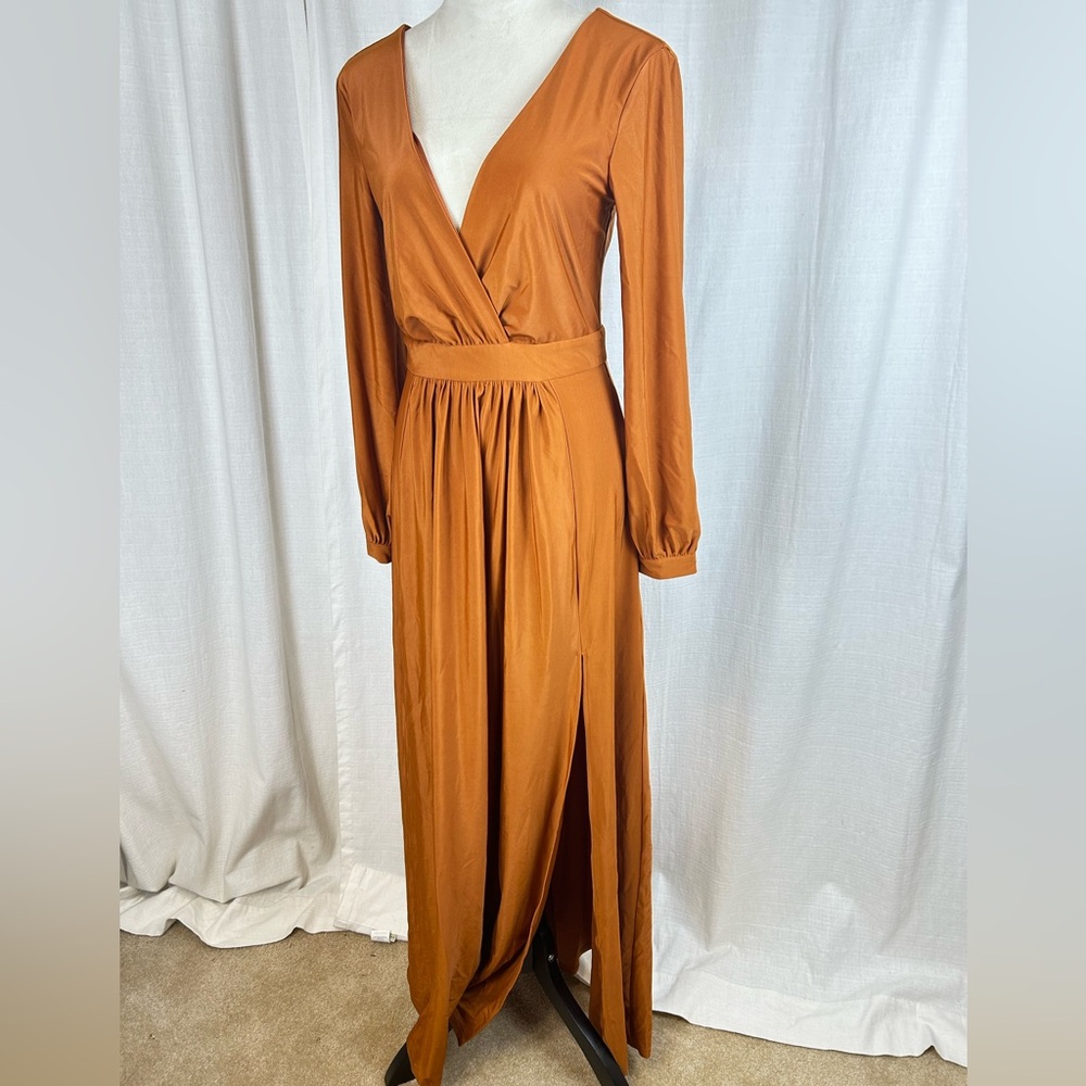 Faeriesty Women's Elegant Split Long Sleeve Copper Maxi Dress Size Medium